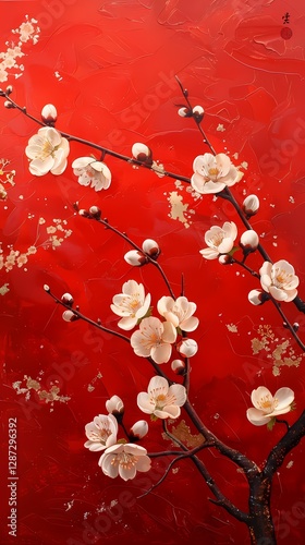 Traditional gold foil art red and white plum blossom illustration poster background
