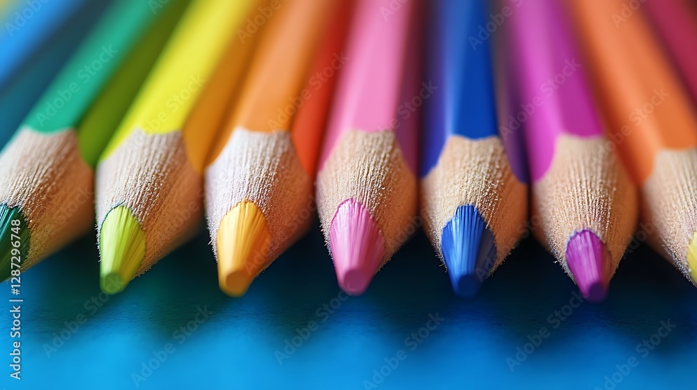 Close-up Row of Colorful Pencils on Blue Background for Drawing Close-up Row of Colorful Pencils on Blue Background for Drawing