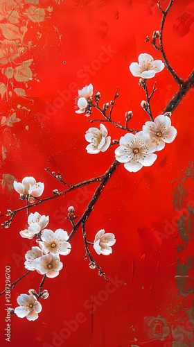 Traditional gold foil art red and white plum blossom illustration poster background