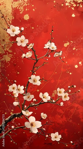 Traditional gold foil art red and white plum blossom illustration poster background