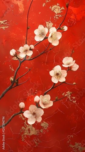 Traditional gold foil art red and white plum blossom illustration poster background