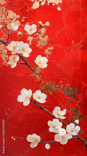 Traditional gold foil art red and white plum blossom illustration poster background