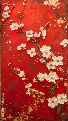 Traditional gold foil art red and white plum blossom illustration poster background