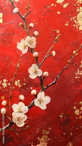 Traditional gold foil art red and white plum blossom illustration poster background