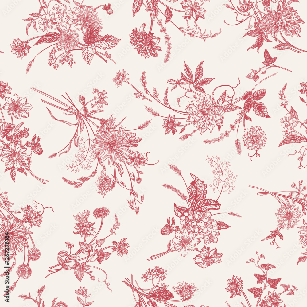 Fototapeta premium Seamless pattern with flower arrangements. Bouquets with flowers and berries. Vintage background. Red