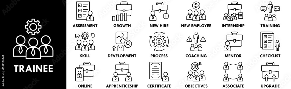 Trainee icon collection set. Containing design professional, work, training, employee, learning Trainee icon collection set. Containing design professional, work, training, employee, learning