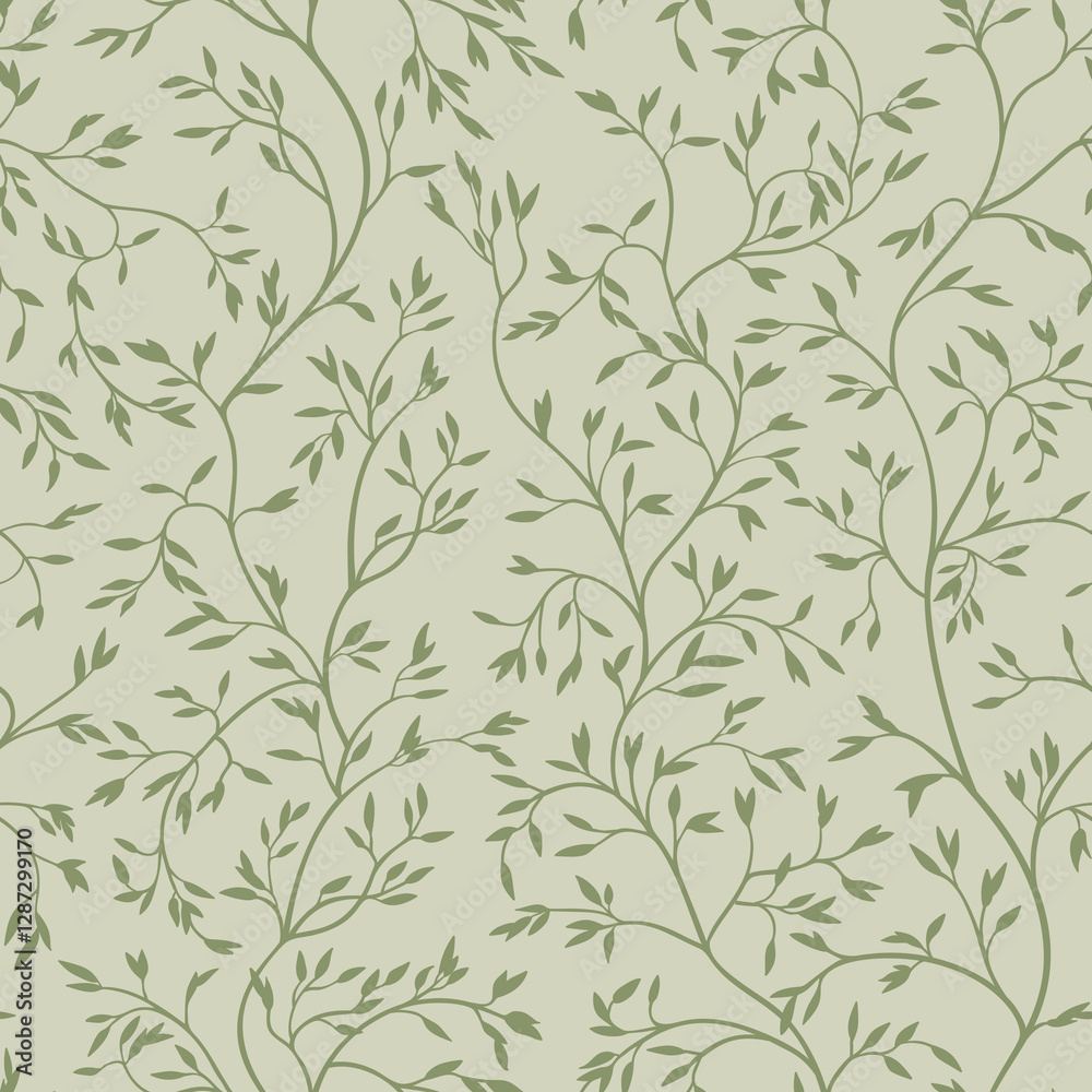 Seamless pattern with vertical twigs and tiny leaves. Floral simple background. Pastel green colors Seamless pattern with vertical twigs and tiny leaves. Floral simple background. Pastel green colors