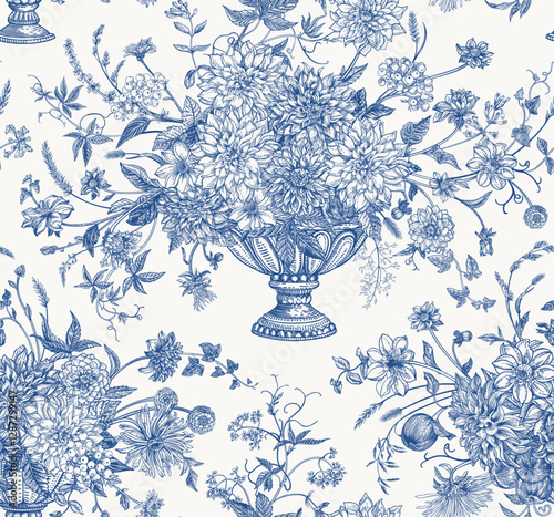 Seamless pattern with flower arrangements in garden vases. Dahlias, asters, zinnias, chrysanthemums, ivy, apples, berries and spikelets. Floral surface design. Vintage background. Toul de Jouy. Blue