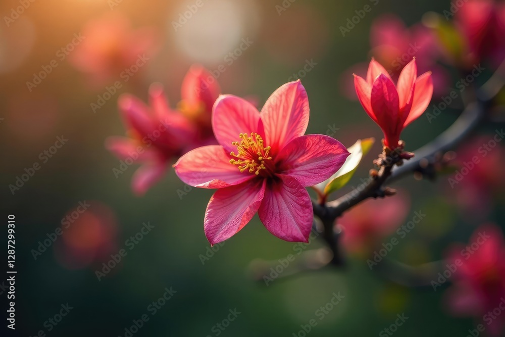 Fototapeta premium Maroon and yellow tree flower in full bloom on a branch with leaves, bloom, flowers, nature