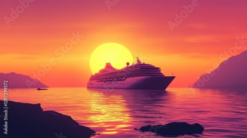 Golden Sunset Cruise: A luxurious cruise ship sails serenely on calm waters against the backdrop of a fiery sunset, creating a scene of tranquility and adventure.