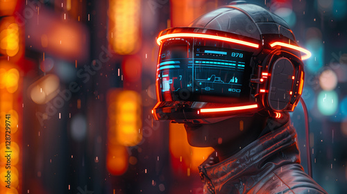 Cyberpunk Soldier Wearing Futuristic Smart Helmet in Neon City photo