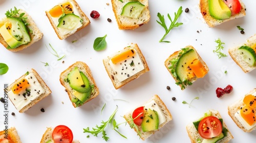 A variety of mini sandwiches filled with creamy cheese, fresh vegetables, and avocado, elegantly arranged on a white background, showcasing a healthy and vibrant snack in a top view, flat lay style. 