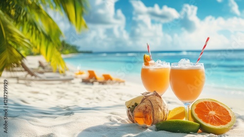 Tropical Paradise: Refreshing cocktails and tropical fruits on a sandy beach, under a bright sky and palm tree. A perfect summer escape!