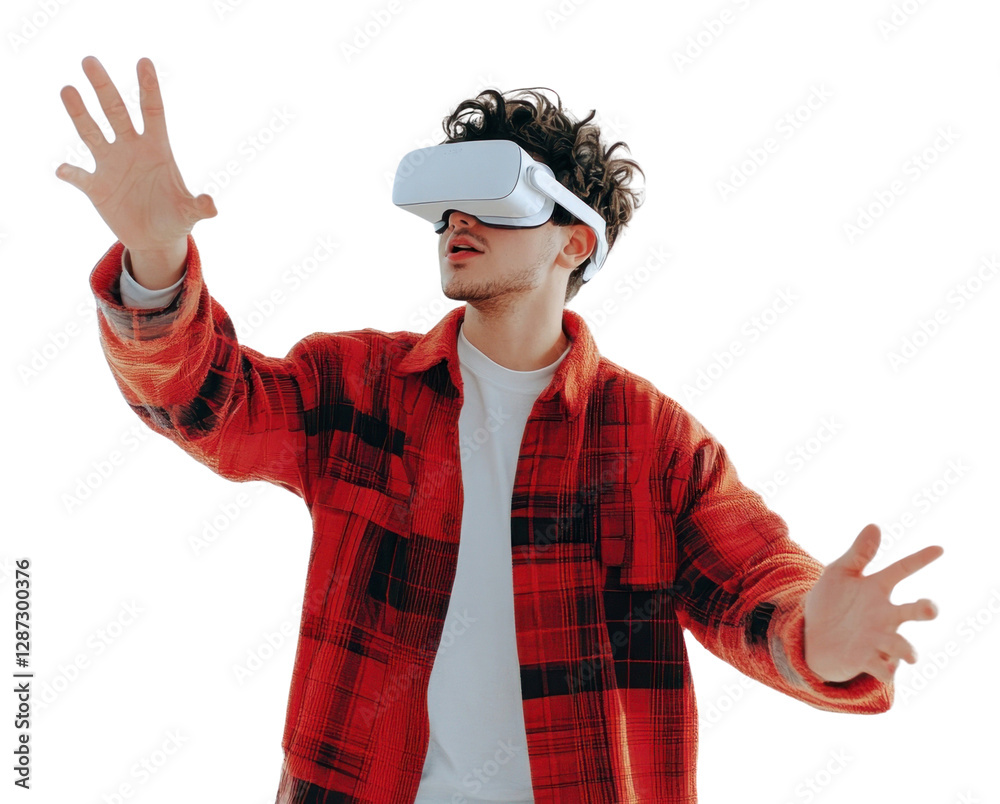 PNG Young man using VR goggles and gesturing white interactive triumphant. PNG Young man using VR goggles and gesturing white interactive triumphant.