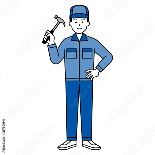 ハンマーを持つつなぎ作業服の男性（全身）
