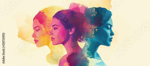 Women's day celebration banner, 8 march, multiple women faces graphic illustration, horizontal copy space on pastel pink background.