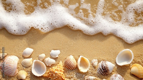 Seashells and Ocean Waves: A close-up shot capturing the serene beauty of a sun-kissed beach, with various seashells scattered on the golden sand and gentle waves rolling in. 