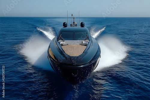 Luxury Black Motorboat  Cutting Through Waves
