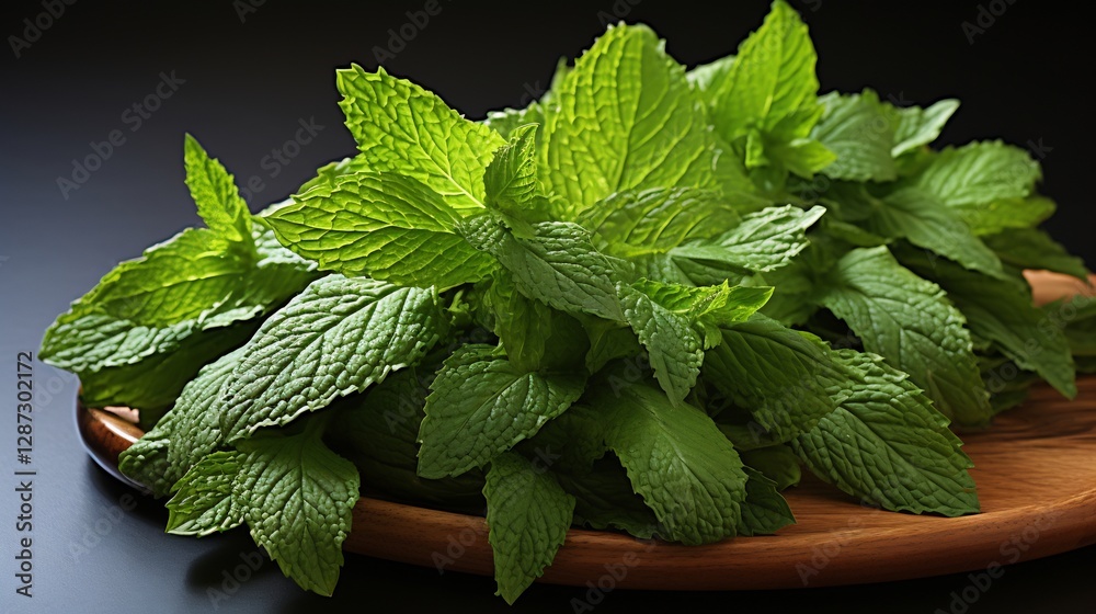 Fresh Green Mint Leaves Cluster on Wooden Plate Isolated on Dark Background