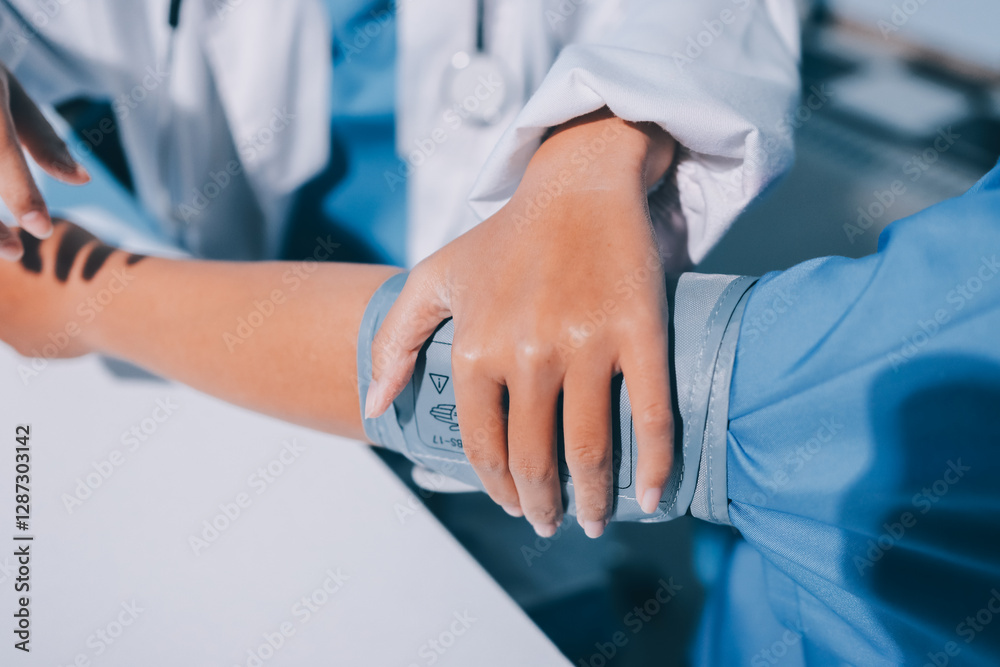 Doctor using sphygmomanometer with stethoscope checking blood pressure to a patient in the hospital. Doctor using sphygmomanometer with stethoscope checking blood pressure to a patient in the hospital.
