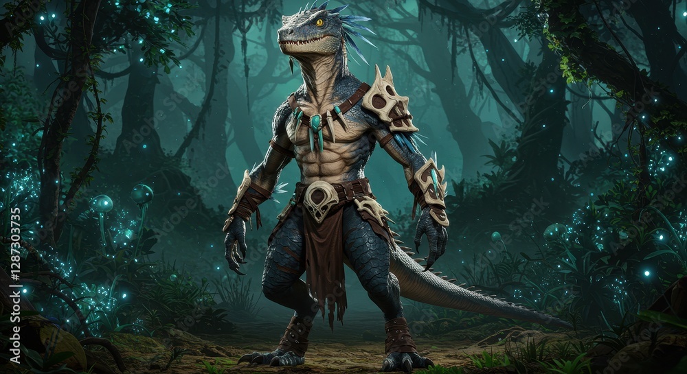 Fototapeta premium Lizard Warrior Standing in Mystic Forest with Armor and Decorations