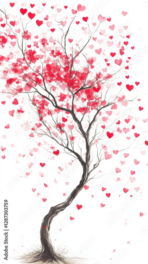 Fototapeta premium Artistic tree with red and pink heart leaves on white background, symbol of love and nature. Romantic illustration concept