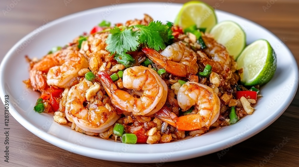 Delicious stir-fried shrimp with colorful vegetables and fresh lime on a wooden dining table Delicious stir-fried shrimp with colorful vegetables and fresh lime on a wooden dining table