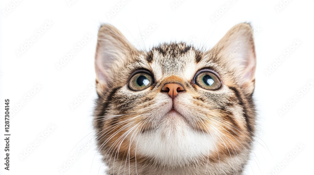 Fototapeta premium Curious kitten looking up, white background, pet portrait