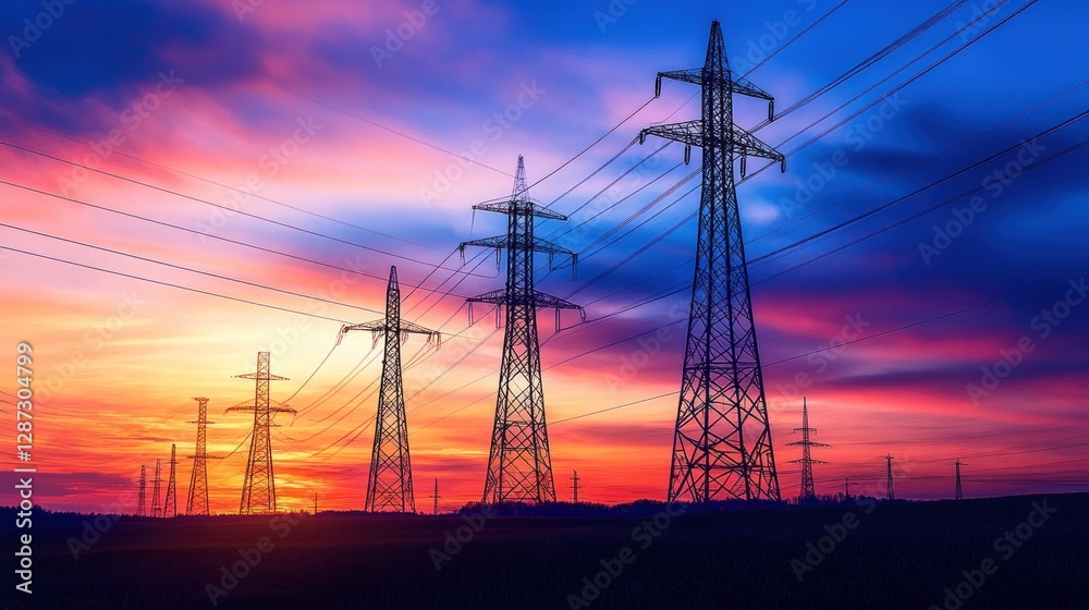 Fototapeta premium Electric Power Transmission Lines at Sunset