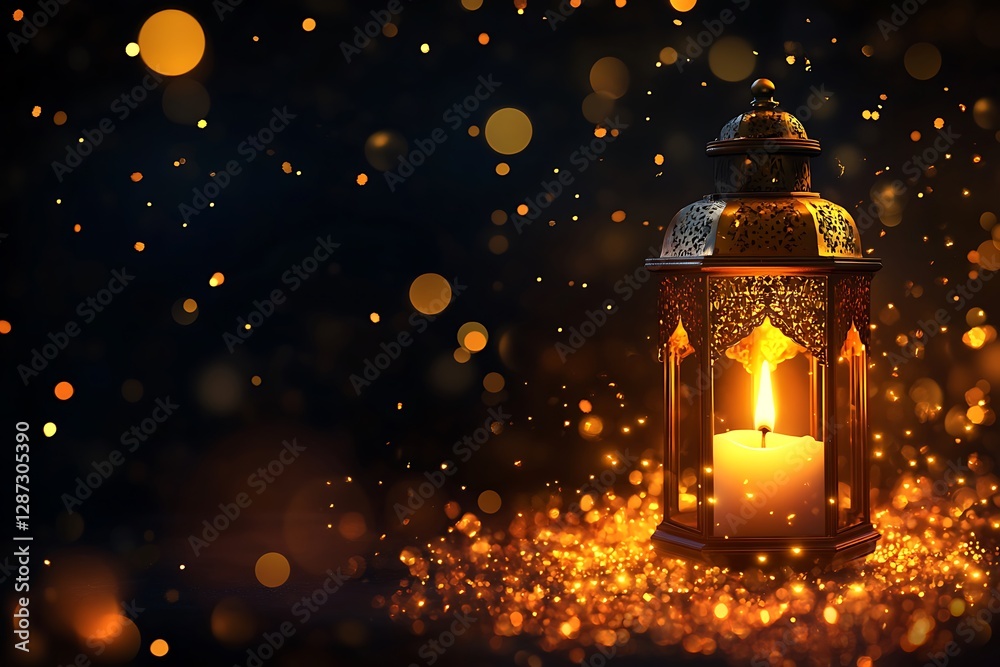 A Glowing Arabic Lantern with a Candle Burning Brightly A Glowing Arabic Lantern with a Candle Burning Brightly