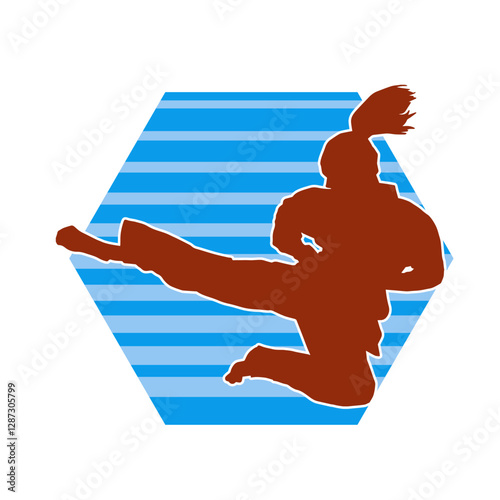 Silhouette of a woman kicking pose. Silhouette of a female martial art in action pose.