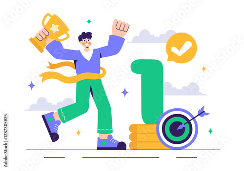 Ambitions Vector Illustration of an Entrepreneur Climbing the Ladder to Success for Career Growth and Achievements in a Flat Style Cartoon Background