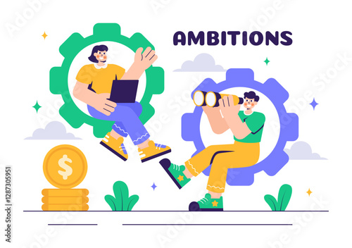 Ambitions Vector Illustration of an Entrepreneur Climbing the Ladder to Success for Career Growth and Achievements in a Flat Style Cartoon Background