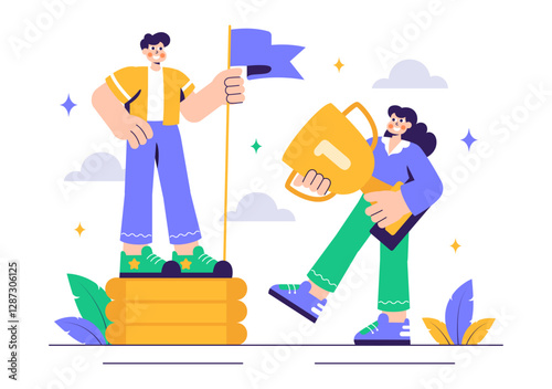 Ambitions Vector Illustration of an Entrepreneur Climbing the Ladder to Success for Career Growth and Achievements in a Flat Style Cartoon Background