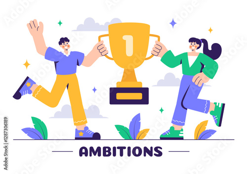 Ambitions Vector Illustration of an Entrepreneur Climbing the Ladder to Success for Career Growth and Achievements in a Flat Style Cartoon Background