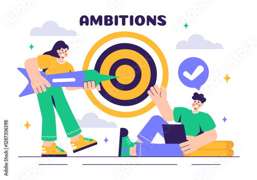 Ambitions Vector Illustration of an Entrepreneur Climbing the Ladder to Success for Career Growth and Achievements in a Flat Style Cartoon Background