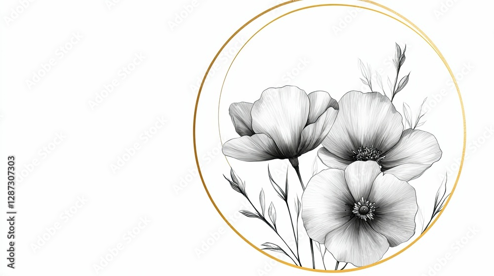 Fototapeta premium Elegant Monochrome Poppy Flowers In A Golden Circle