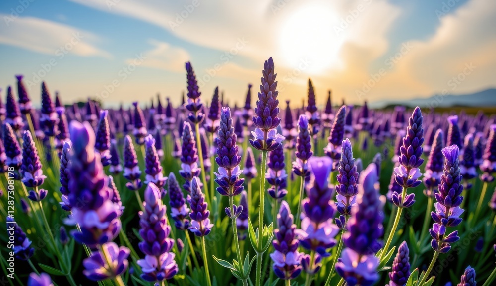 Naklejka premium A serene twilight landscape unfolds, featuring a field of blooming lavender, its delicate purple flowers reaching towards a soft, pastel-colored sky.