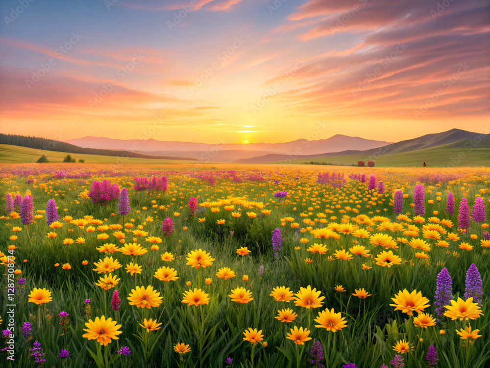 Fototapeta premium field of flowers. field, sky, flower, meadow, nature, spring, landscape, summer, grass, flowers, yellow, green, sunflower, agriculture, blue, plant, sun, dandelion, rural, beautiful, sunny, blossom, c