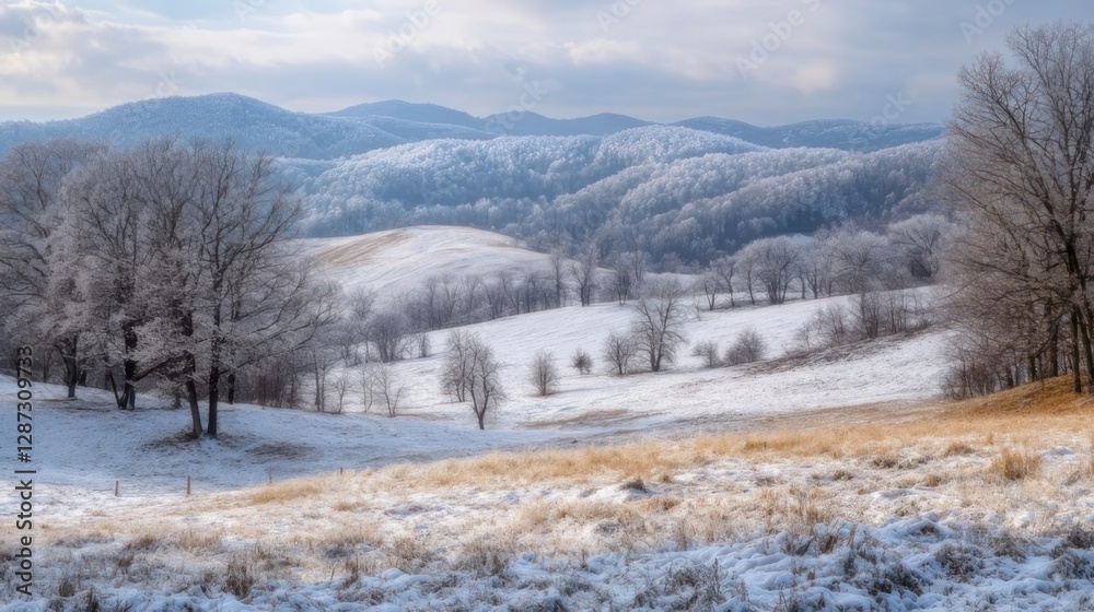 Snowy winter landscape, frosted trees, rolling hills Snowy winter landscape, frosted trees, rolling hills