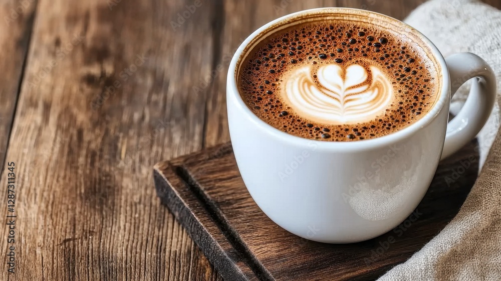 Cappuccino with Latte Art on Wooden Surface Cappuccino with Latte Art on Wooden Surface