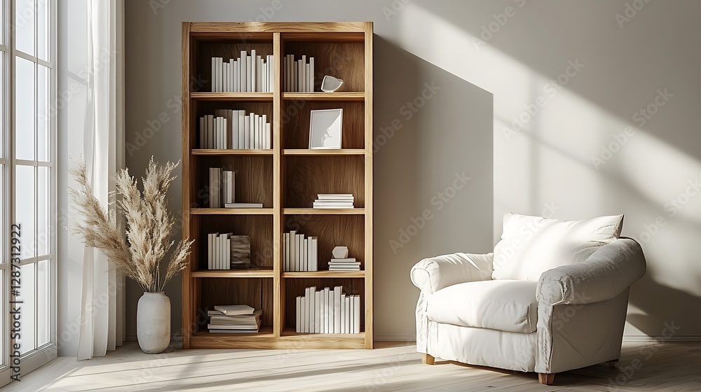 A tall wooden bookcase with white books and various decorative items stands against the light gray wall of an empty living room, while a soft armchair sits next to it. A tall wooden bookcase with white books and various decorative items stands against the light gray wall of an empty living room, while a soft armchair sits next to it.