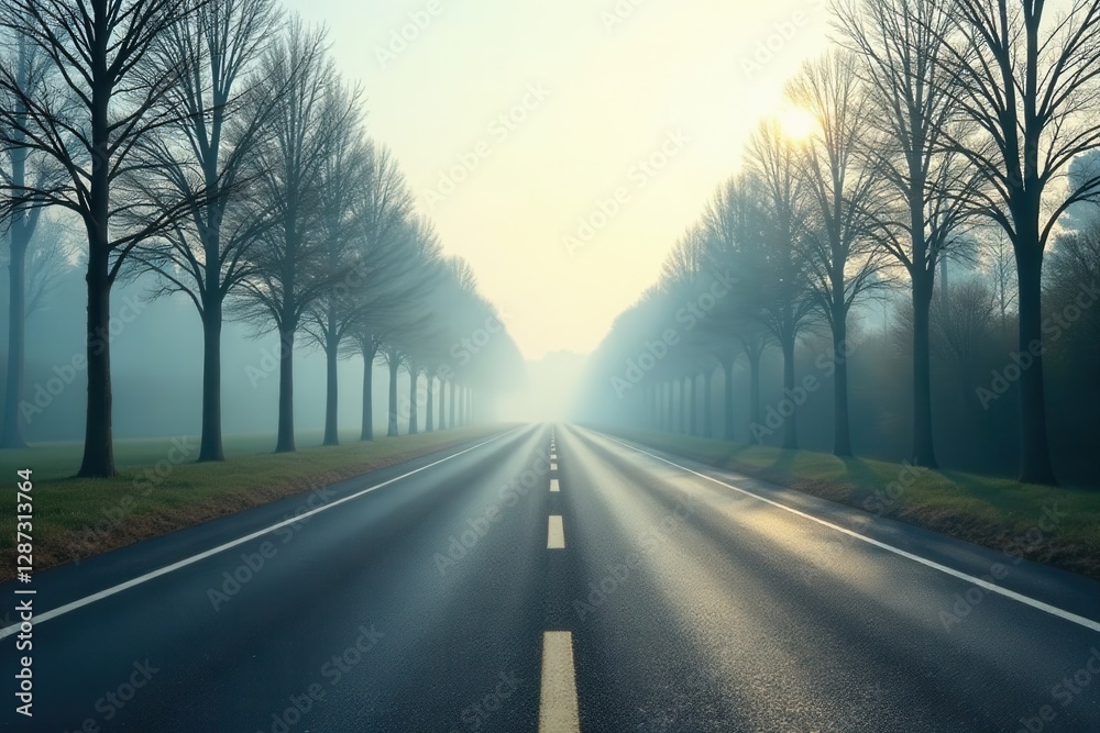 Fototapeta premium Serene Sunrise Highway Misty Morning on a Straight Road Lined with Tall Trees