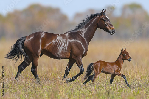 A brown horse with white spots runs through a field with a baby horse following