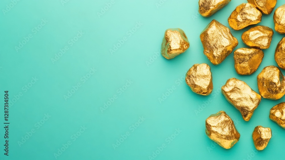 A collection of golden nuggets scattered on a vibrant turquoise background, showcasing their natural texture and shine.