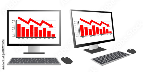 device screen displaying a red bar graph with a downward trend, symbolizing financial decline, data loss, or economic downturn. Perfect for business, analytics, and crisis visualization.
