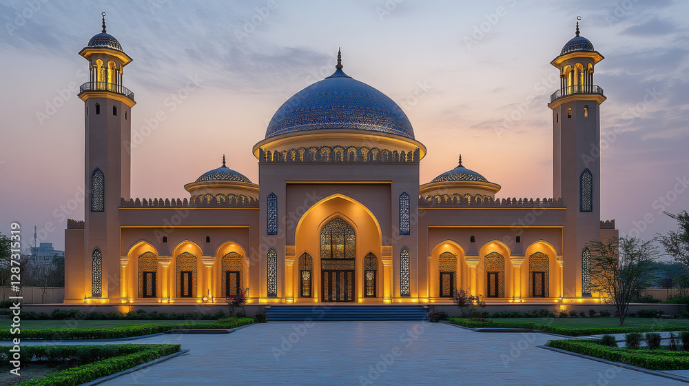 Fototapeta premium Golden Mosque at Dusk Architectural Detail and Warm Lighting