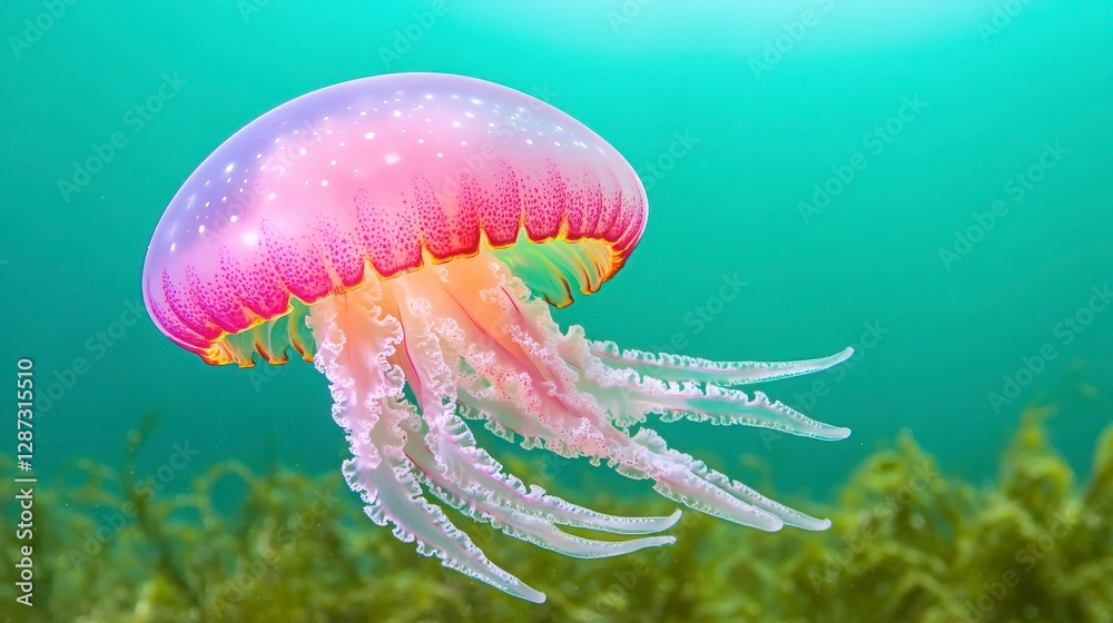 Fototapeta premium Vibrant Pink Jellyfish Swimming Gracefully in Ocean Waters