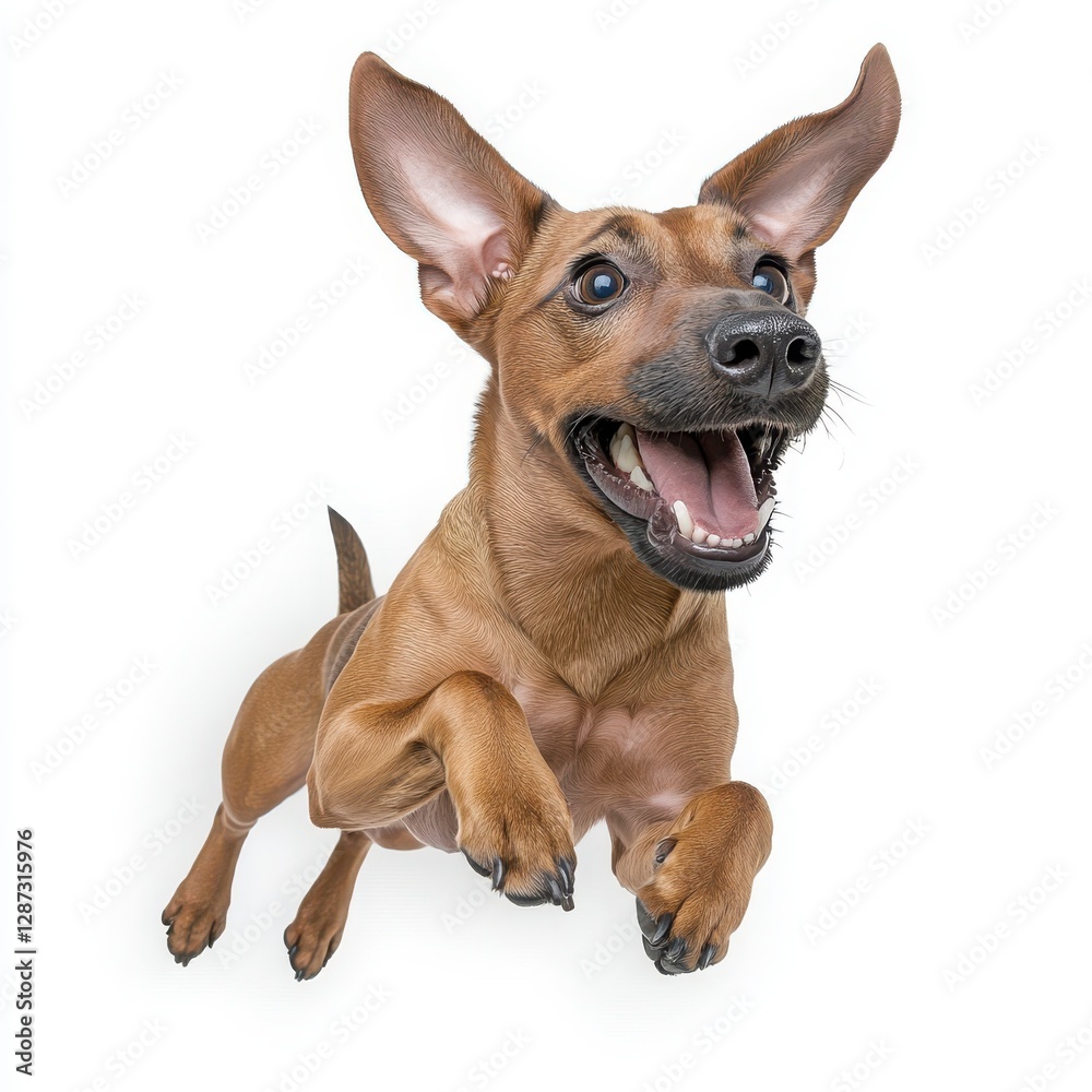 Playful dog jumping with excitement on white background Playful dog jumping with excitement on white background