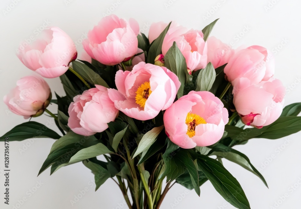 Fresh Pink Peony Bouquet with Green Leaves on White Background Fresh Pink Peony Bouquet with Green Leaves on White Background